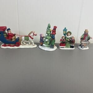 Lot of 4 Lefton Colonial Village Christmas Figurines - Sleighs Carolers Kids